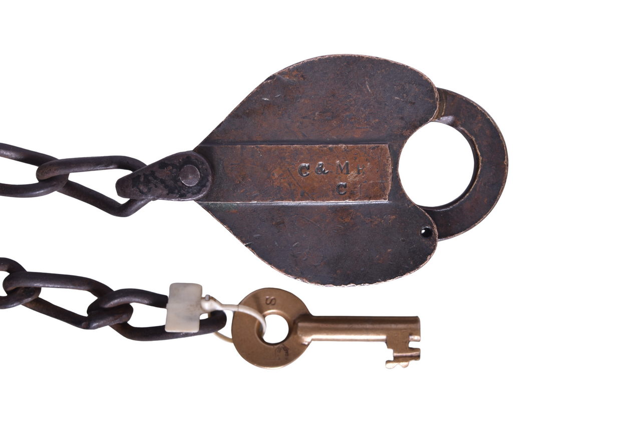 3637 - Cumberland & Maurice River Railroad Brass Heart Shaped Car Lock w/ Michigan Central Switch Key thumbnail