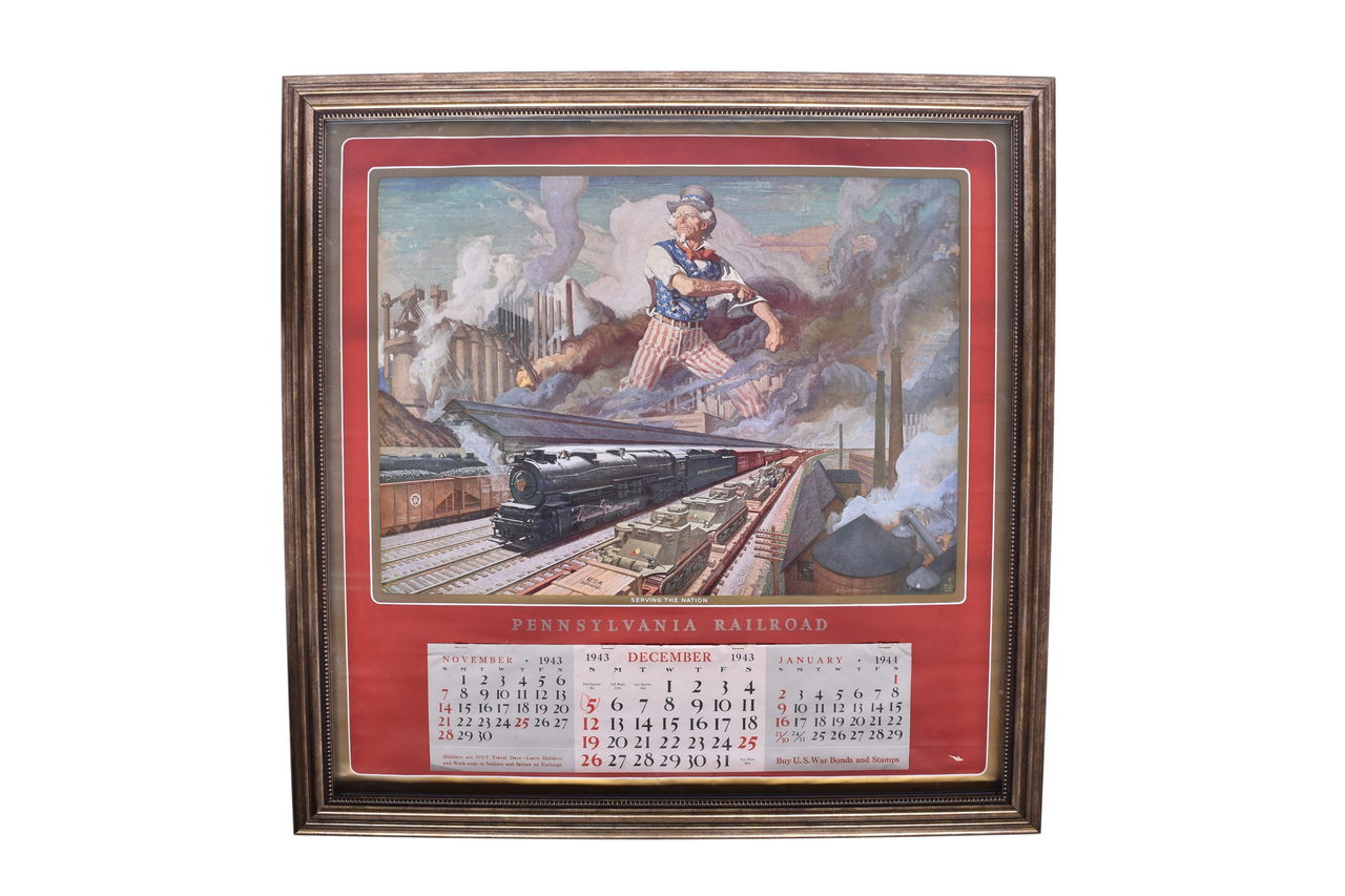 3326 - Framed Pennsylvania Railroad 1943 Wall Calendar - Serving The Nation by Dean Cornwall thumbnail