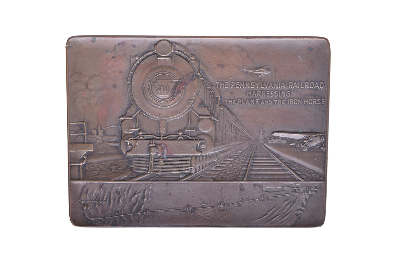 3693 - Pennsylvania Railroad Commemorative Brass Medal Paperweight - Inauguration of Rail-Air Passenger thumbnail