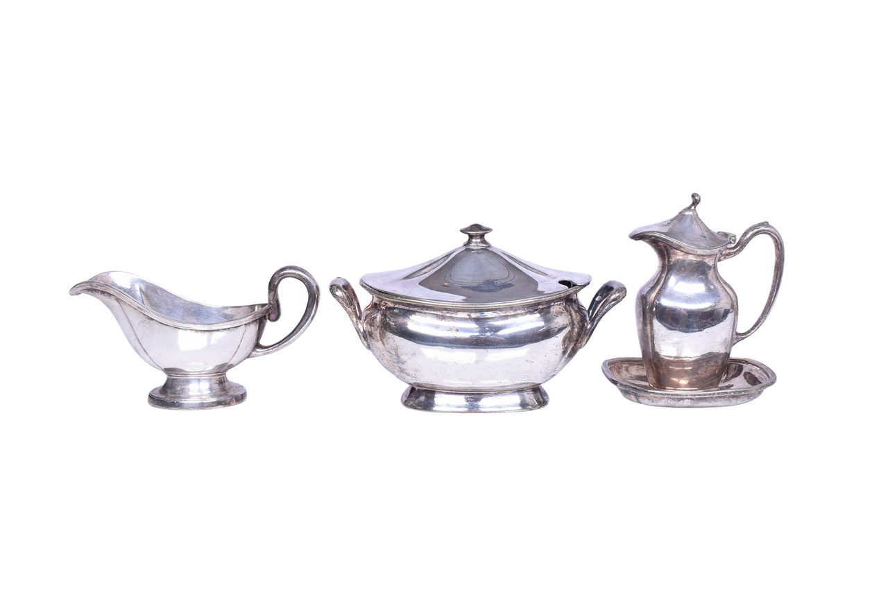 3697 - Set of Chicago Milwaukee and St. Paul Railway Silver - Soup Tureen, Gravy Boat, and Syrup Pitcher thumbnail